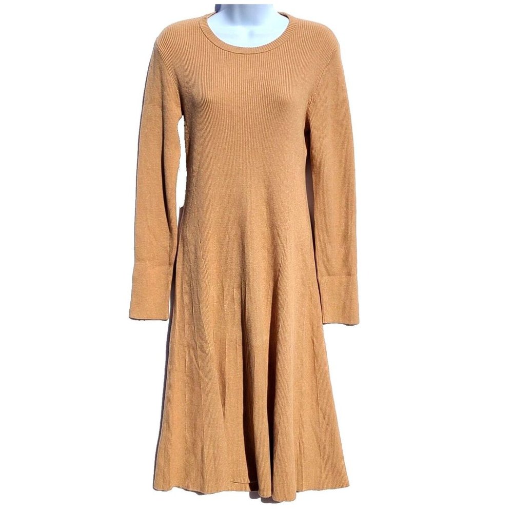 Saks Fifth Avenue Ribbed Knit Sweater Dress Size M Camel Midi Fall Timeless